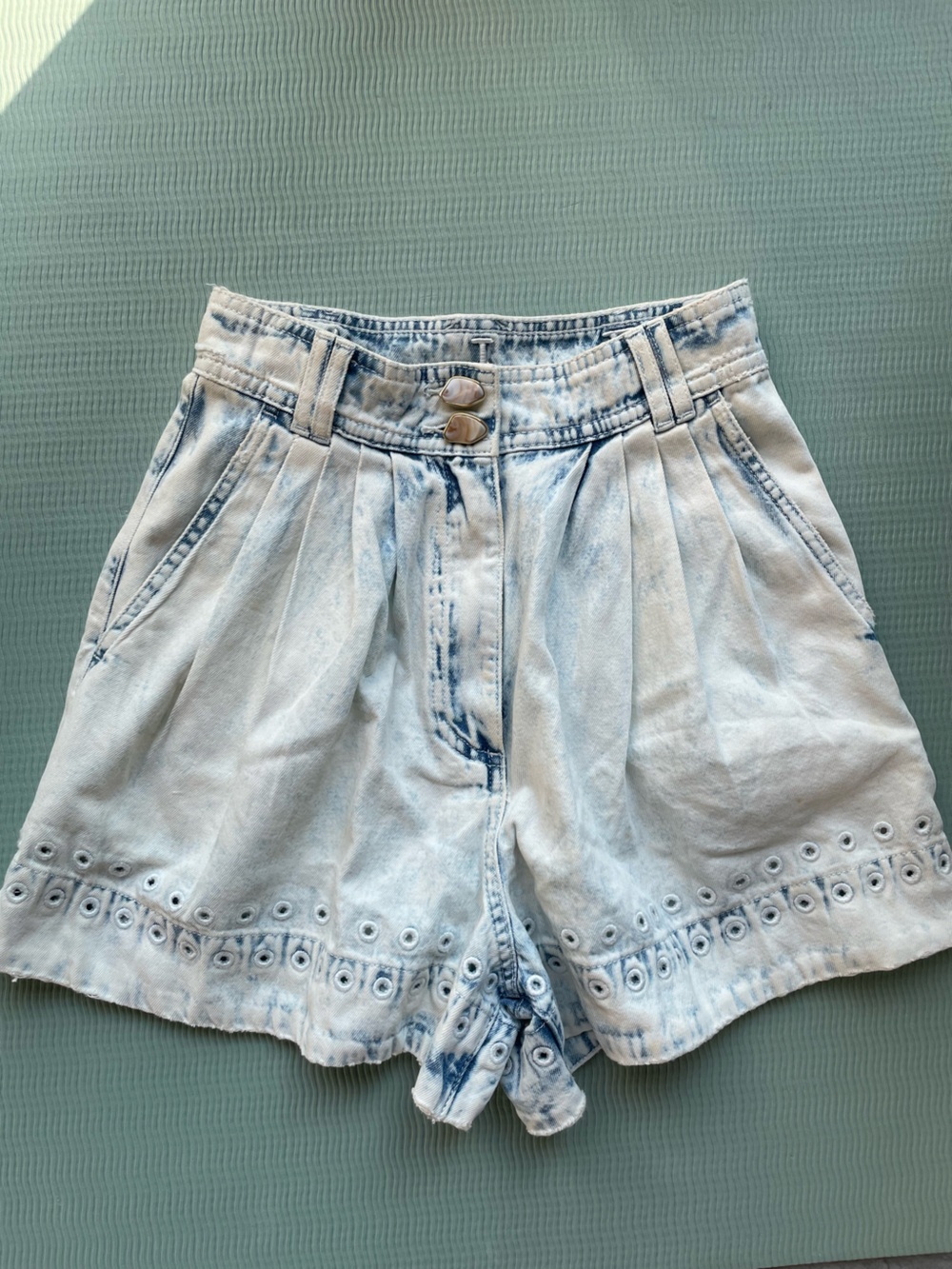 Aje Light Blue Pleated Eyelet-Trim Denim Shorts